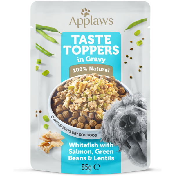 Applaws Topping - Hvid fisk m. laks, grnne bnner &amp; linser i sovs 85gr.