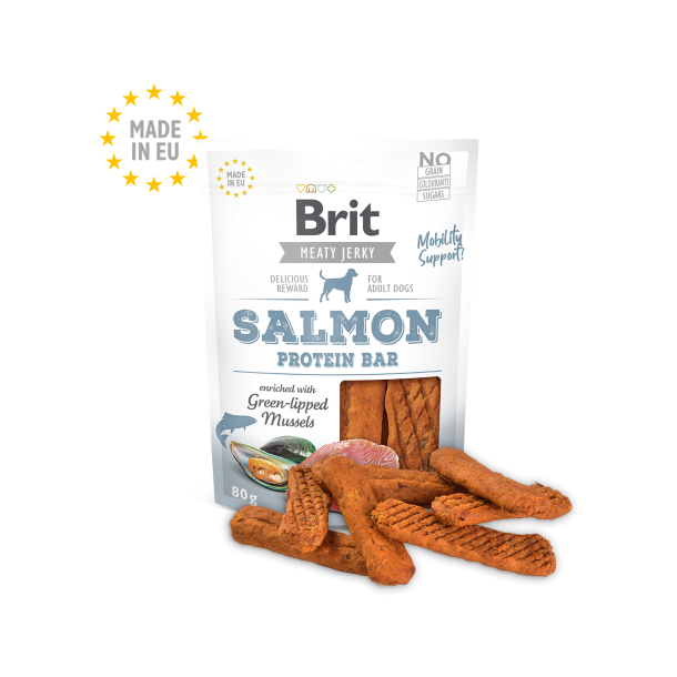 Brit Meaty Jerky Proteinbar, Laks &amp; Grnlbede Muslinger - 80 g