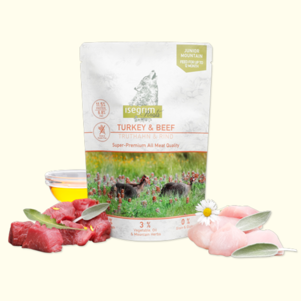 Isegrim Junior - Kalkun &amp; Okse m. Sd kartoffel, lakseolie &amp; bjergurter, 410gr 